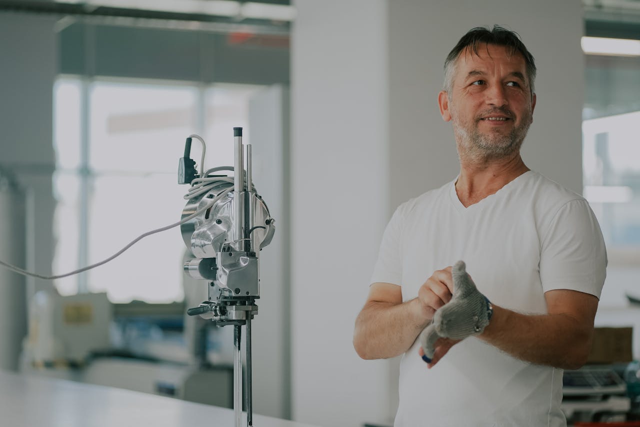 gallery-1 Adult man in an industrial workshop with textile machinery, preparing for work.