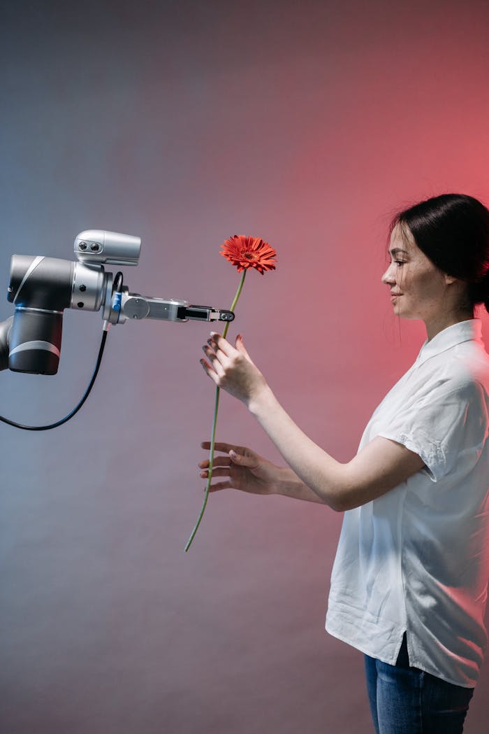 our-services-1 A woman interacts with a robotic arm holding a flower, symbolizing human-technology harmony.